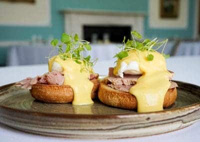 Eggs benedict in the restaurant at Owston Hall Hotel Doncaster