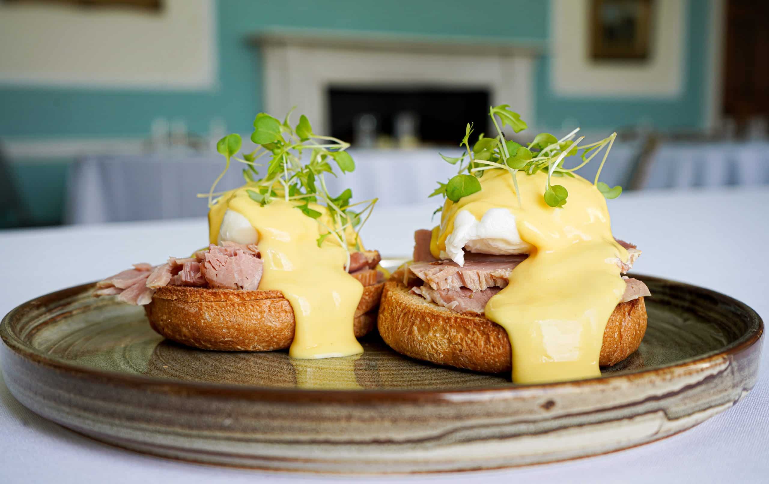 Eggs benedict in the restaurant at Owston Hall Hotel Doncaster