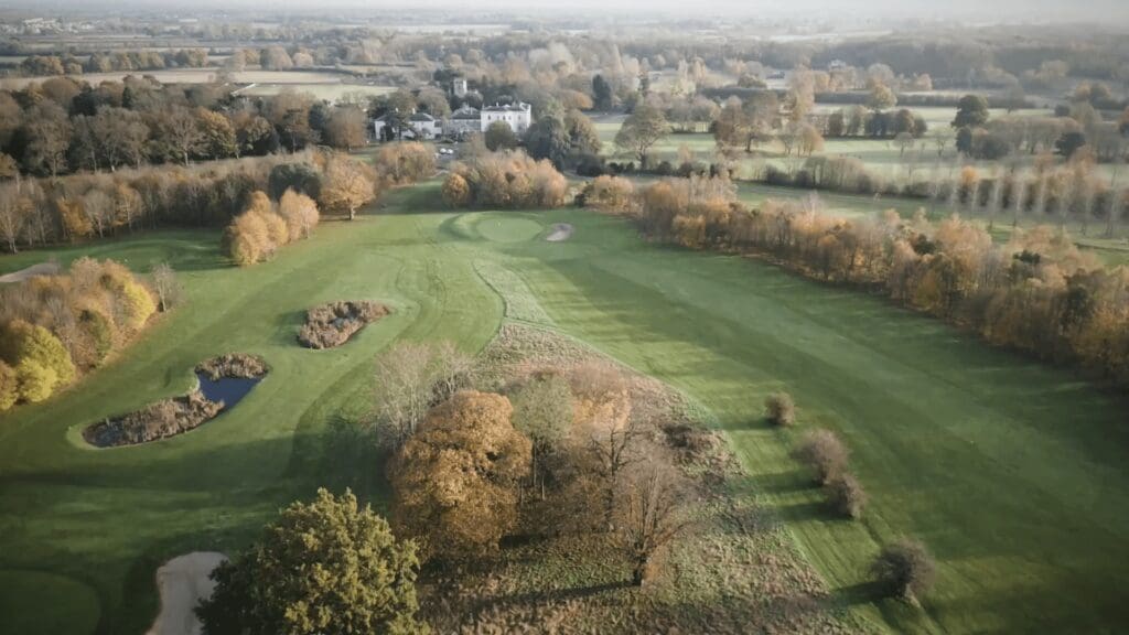Aerial view of Owston Hall Hotel estate and golf course Doncaster