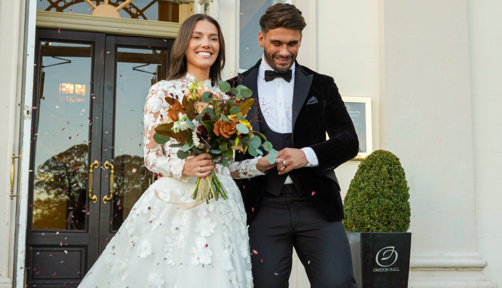 A bride and groom from Love Island modelling at Owston Hall Hotel Doncaster