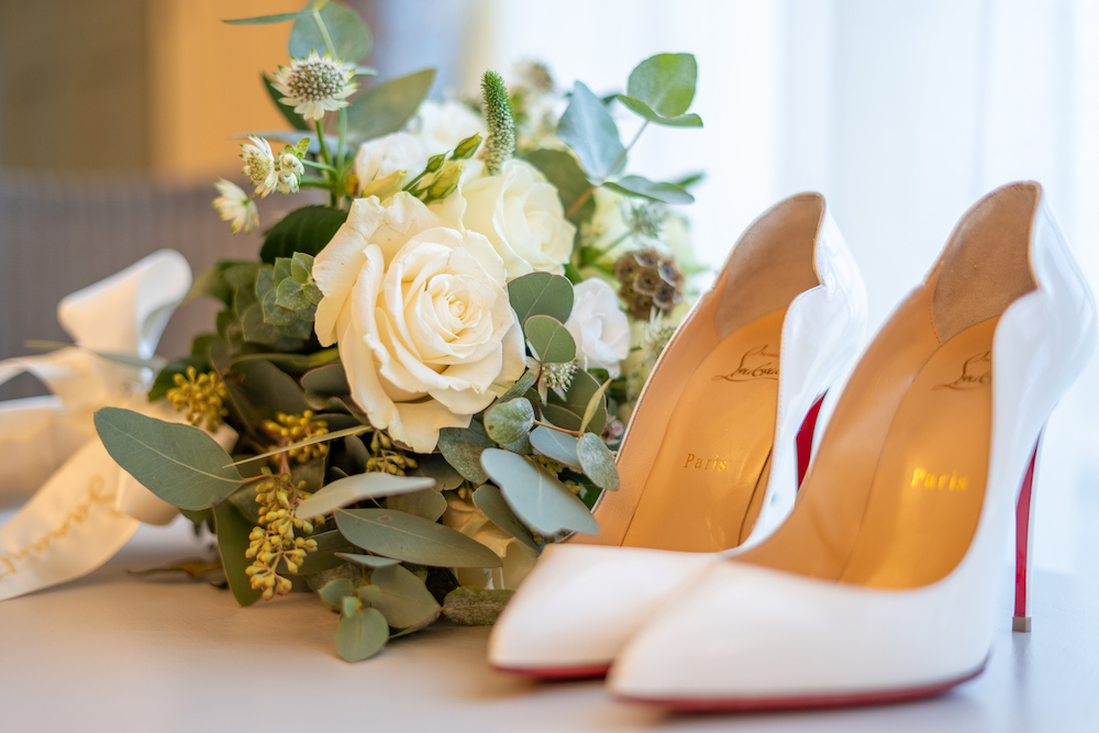 Wedding Doncaster Owston Hall bridal bouquet and Louboutin shoes
